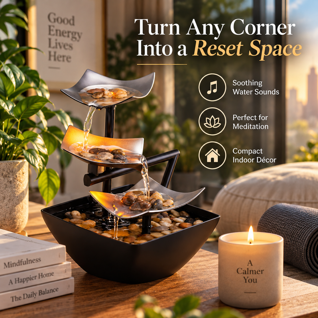 ZenFlow indoor fountain in a peaceful room